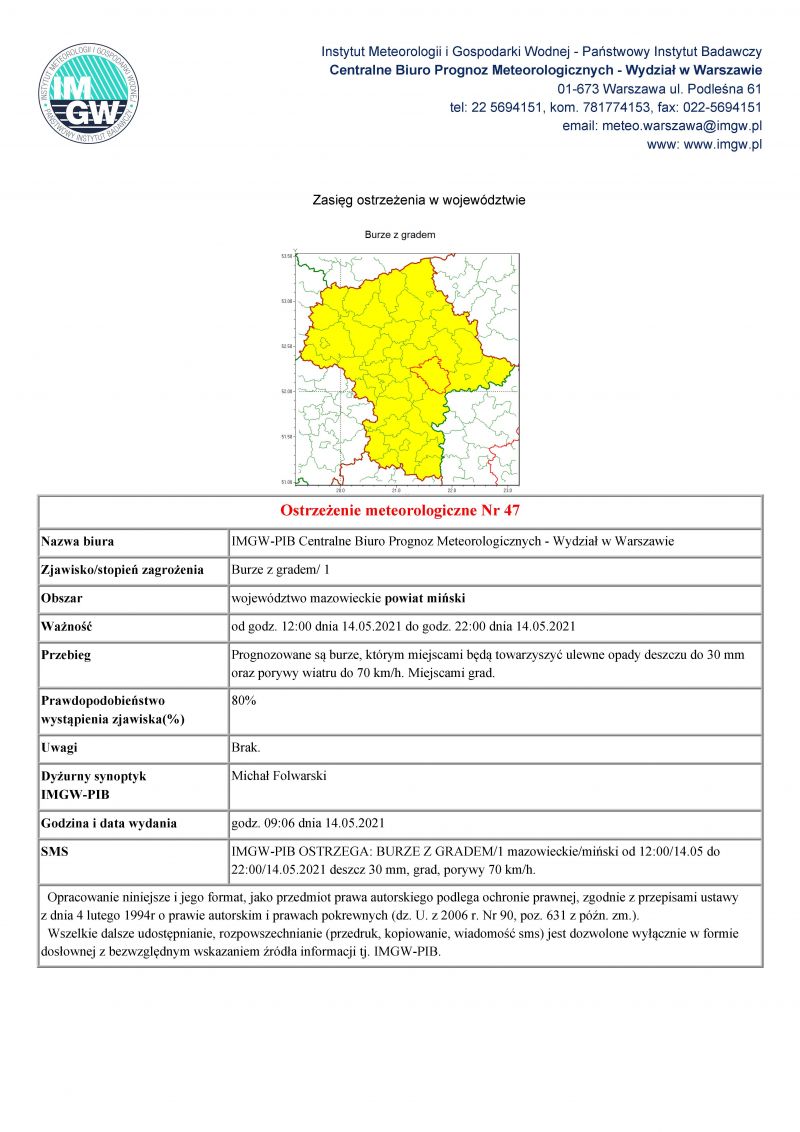 Ostrzeżenie meteorologiczne nr 47 - burze z gradem