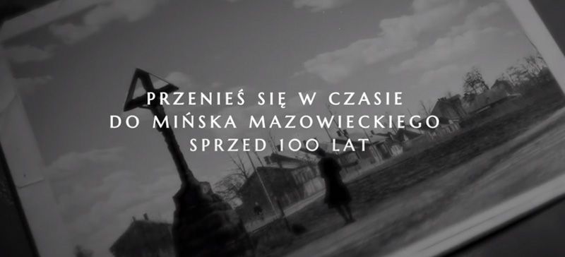 szare zdjęcie z napisem przenieś się w czasie do mińska Mazowieckiego sprzed 100 lat...