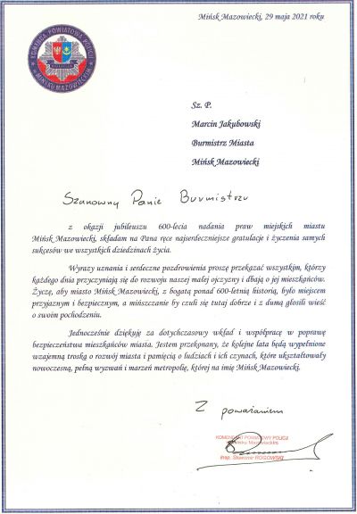 List gratulacyjny - Komendant Powiatowy Policji