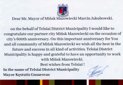 List gratulacyjny - Telsiai