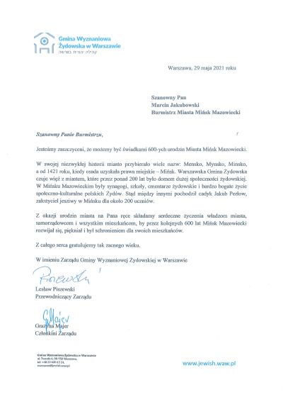 List gratulacyjny - Gmina Wyznaniowa Żydowska w Warszawie