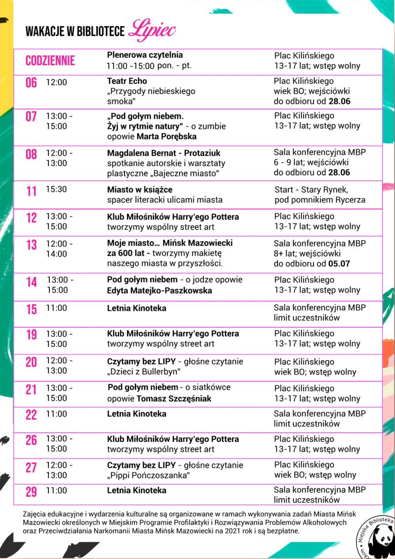 Grafik lipcowych wydarzeń w Miejskiej Bibliotece Publicznej w Mińsku Mazowieckim