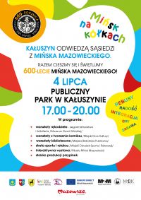 plakat promujący mobilny "MIńsk na kółkach",na środku zawarte informacje odnośnie daty, godziny i harmonogramu wydarzeń...