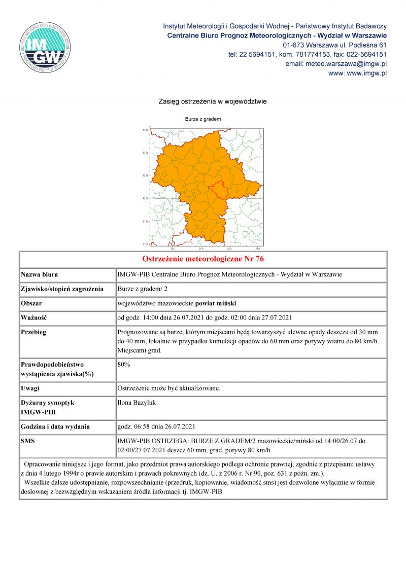 IMGW-PIB Centralne Biuro Prognoz Meteorologicznych - Ostrzeżenie meteorologiczne Nr 76