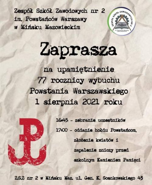 Zaproszenie na upamiętnienie 77. rocznicy wybuchu Powstania Warszawskiego