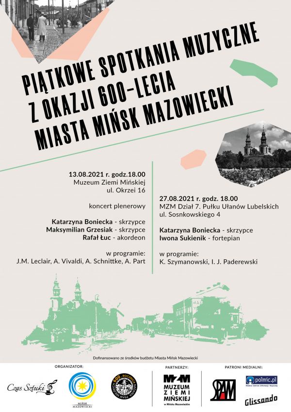 plakat promujący Piątkowe spotkania muzyczne z okazji 600-lecia miasta Mińsk Mazowiecki