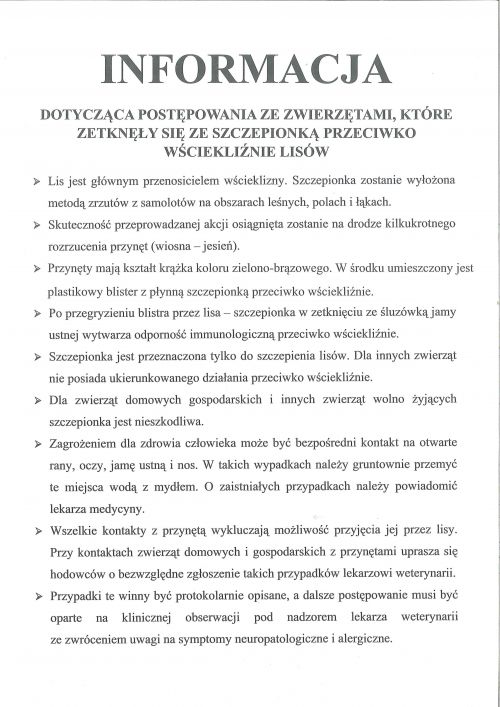 Informacja dot. zwierząt, które miały kontakt z wscieklizną