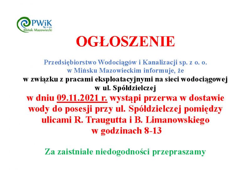Przerwa w dostawie wody do posesji przy ul. Spółdzielczej