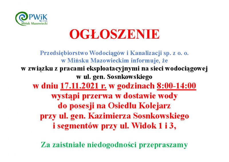 Przerwa w dostawie wody na ul. Sosnkowskiego i ul. Widok