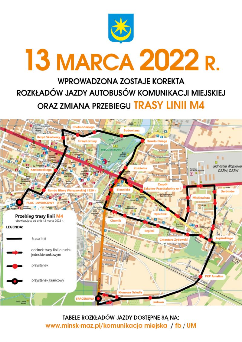 13 marca 2022 r. wprowadzona zostaje korekta rozkładów jazdy autobusów komunikacji miejskiej oraz zmiana przebiegu trasy...