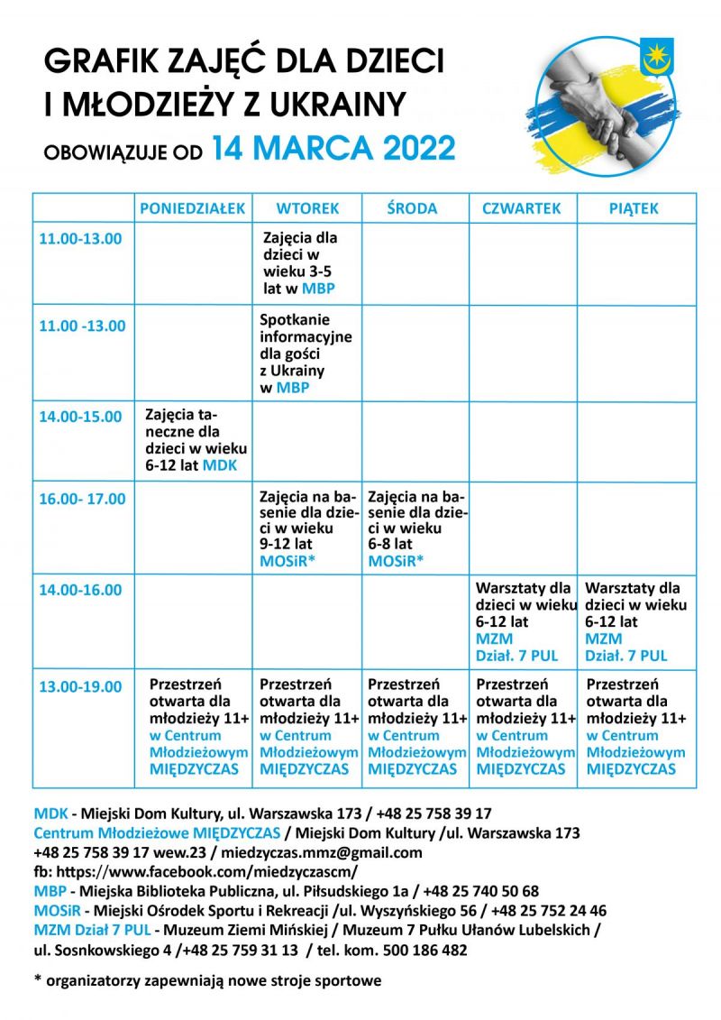 Grafik zajęć dla dzieci i młodzieży z Ukrainy