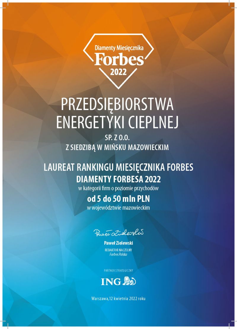 PEC  Sp. z o.o. z siedzibą w Mińsku Mazowieckim został laureatem RANKINGU MIESIĘCZNIKA FORBES "DIAMENTY FORBESA 2022"