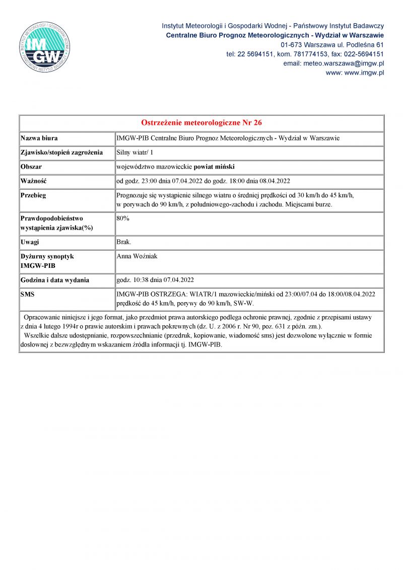 Ostrzeżenie meteorologiczne Nr 26