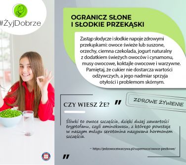 Na szarym tle informacje. Po lewej kobieta