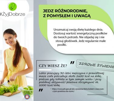 Na szarym tle informacje. Po lewej kobieta