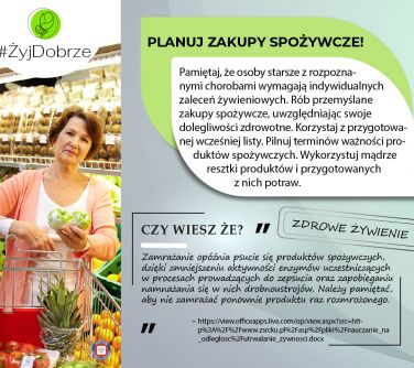 Na szarym tle informacje. Po lewej kobieta w sklepie