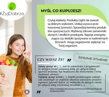Na szarym tle infomacje. Po lewej kobieta z torba z zakupami