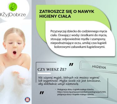 Na szarym tle informacje. Po lewej dziewczynka w kąpieli z dużą ilością piany