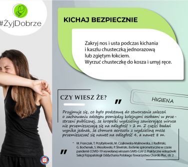 Na szarym tle informacje. Po lewej kichająca kobieta w łokieć