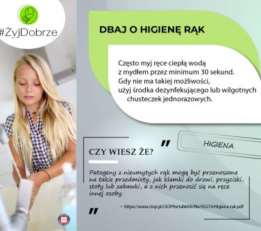 Na szarym tle informacje. Po lewej dziewczynka w długich jasnych włosach