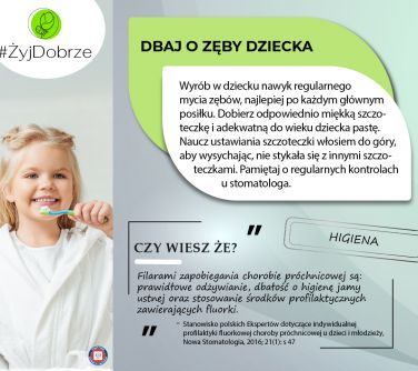 Na szarym tle informacje. Po lewej uśmiechnięta dziewczynka ze sztoczeką przy zębach