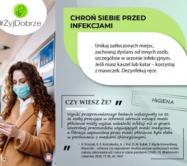 Na szarym tle informacje. Po lewej kobieta w maseczce i jasnym płaszczu