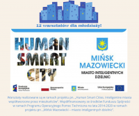 Napisy: Human Smart Cities i 12 warsztatów dla młodzieży; grafika miasta
