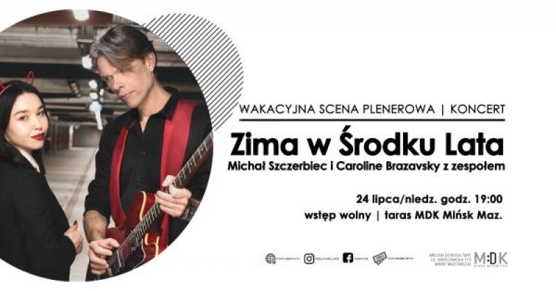 po lewej stronie w kole mężczyzna z gitarą i kobietą z czerwoną wstążką na ciemnych włosach, po prawejstronie informacje...