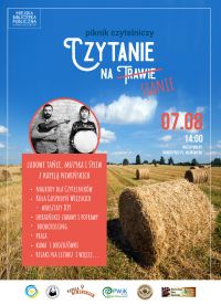 Na górze zdjęcie nieba. Pole i rola z siana. po lewej osoby