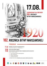 Rysunek żołnierza klęczącego przed obrazem Matki Bożej. Program obchodów 102. rocznicy Bitwy Warszawskiej
