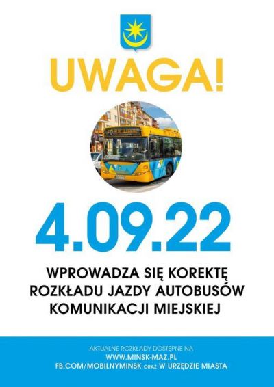 plakat informujący o zmianie w rozkładzie jazdy komunikacji miejskiej od 4 września 2022 r.