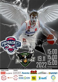 koszykarz z anielskimi skrzydłami kozłuje piłkę, poniżej napis: "19.11.2922 r. g. 15.00"