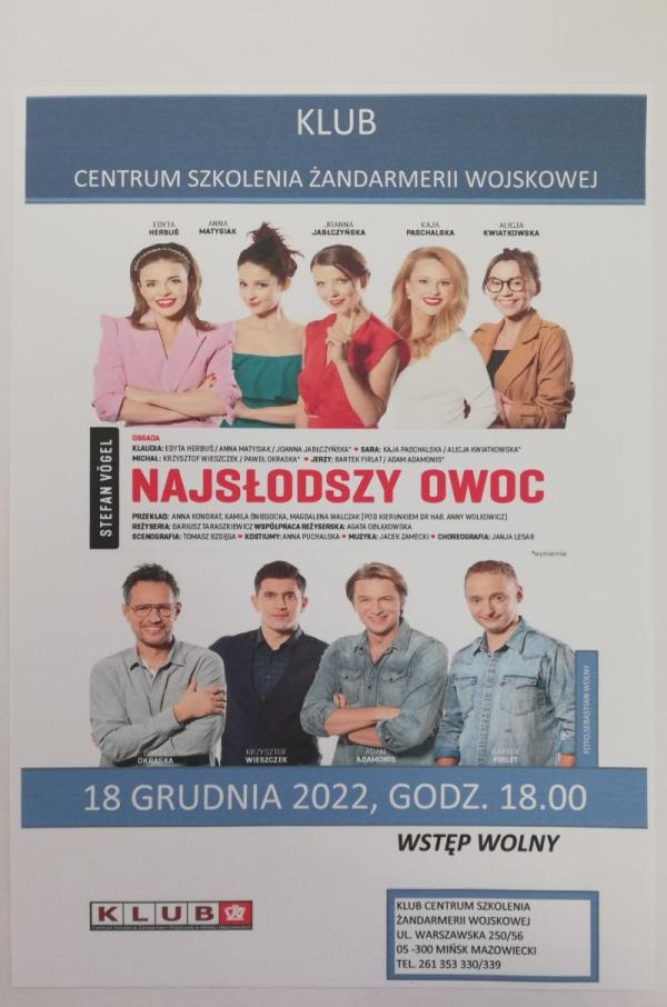 plakat z informacjami dotyczącymi wydarzenia, zdjęcia kobiet i mężczyzn występujących w spektaklu