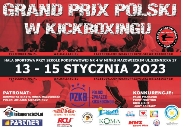 plakat promujący wydarzenie po środku tytuł główny Gran Prix w Kickboxingu