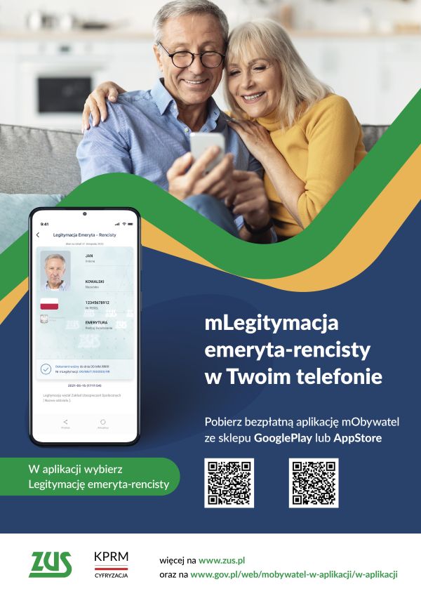 plakat z napisem głównym mLegitymacja emeryta-rencisty w Twoim telefonie, na górze mężczyzna i kobieta spoglądaja na telefon