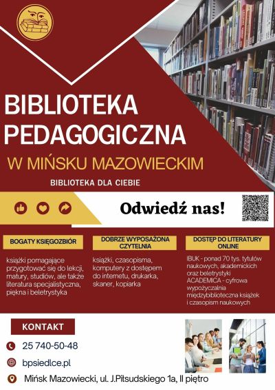 w lewym górnym roku półki z książkami, po środku bliżej prawej strony napis biblioteka pedagogiczna w mińsku mazowieckim...