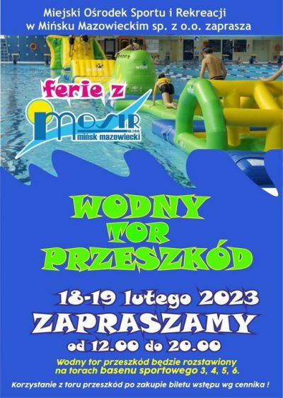 plakat z tytułem głównym na środku Ferie z MOSiR Wodny Tor Przeszków 18-19 lutego