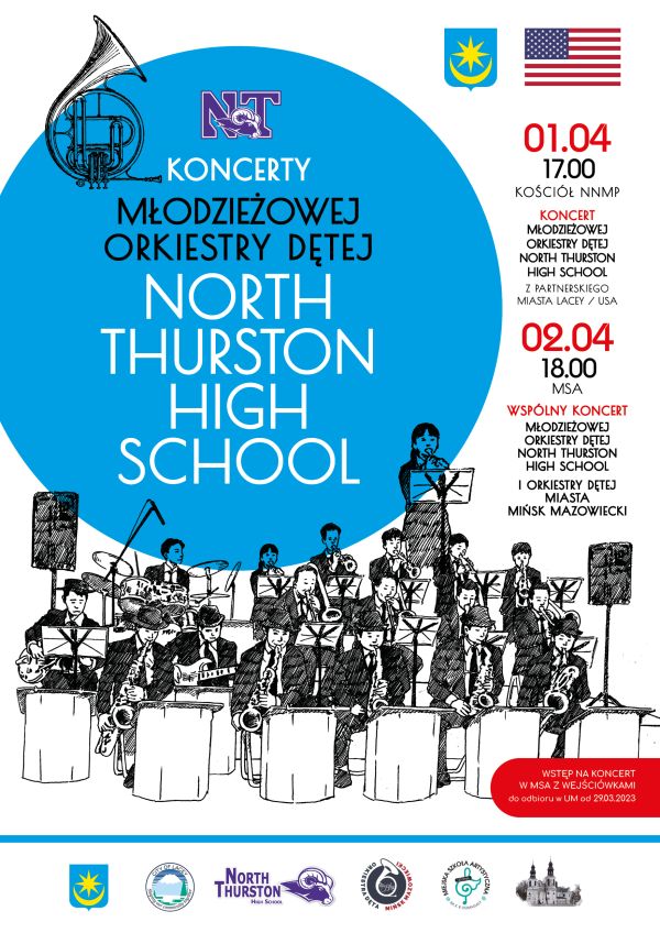 plakat promocyjny z tytułem głównym Koncerty młodzieżowej orkiestry dętej North Thurston High School