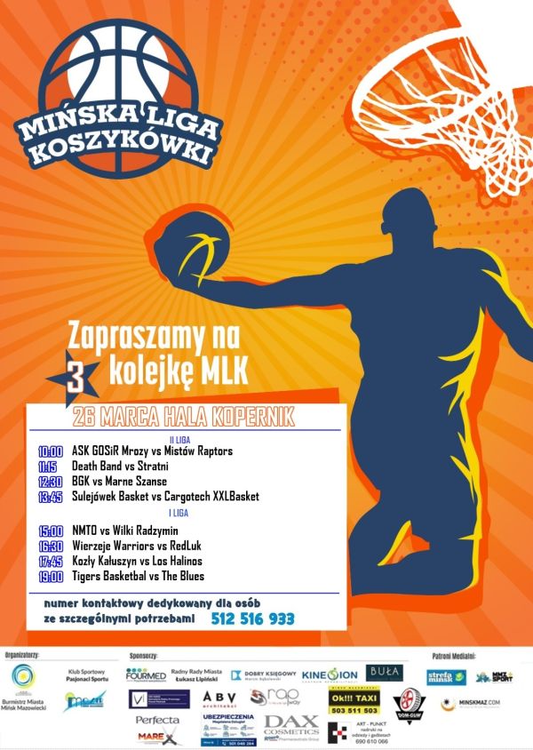 plakat z tytułem głównym mińska liga koszykówki, zapraszamy na 3 kolejkę MLK