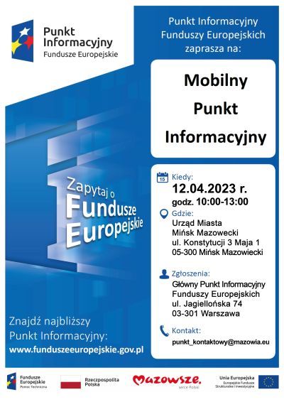plakat z tytułem głónym punkt informacyjny funduszy europejskich zaprasza na mobilny punkt informacyjny