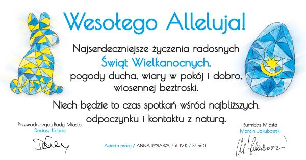 życzenia na świea wielkanocne po lewej stronie zając niebiesko-żółty, po prawej jajko niebiesko-żółte
