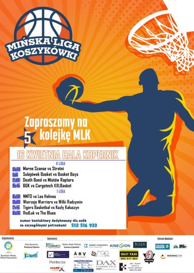 plakat z tytułem głównym mińska liga koszykówki, zapraszamy na 5 kolejkę MLK