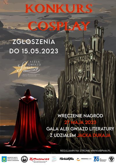 stary zamek po prawej, mężćzyzna tyłem w czerwonej pelerynie z kapturek po lewej stronie, tytuł główny konkurs cosplay...