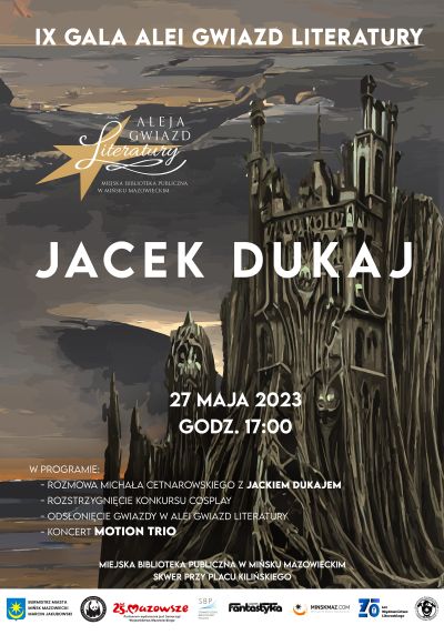 stary zamek po lewej, tytuł główny IX gala alei gwiazd literatury Jacek Dukaj, 27 maja 2023 godz. 17:00. Na dole loga...
