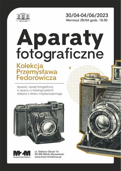 po prawej stronie dwa stare aparaty fotograficzne, informacje zawarte na plakacie znajdują się w treści artykułu...