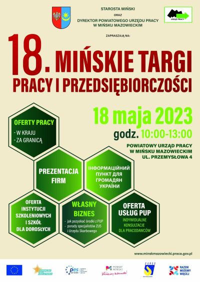 tytuł główny 18. Mińskie targi Pracy i Przedsiębiorczości, zielone kafelki z informacjami, informacje zawarte na plakacie...