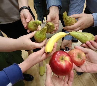 w okręgu dłonie osób trzymają owoce gruszki, jabłka, banan