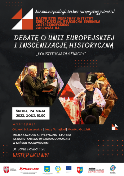 tytuł głowny Debata o unii europejskiej i inscenizację historyczną "Konstytucja dla Europy", po środku w rombach zdjęcia...