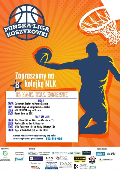 tytuł główny na górze Mińska Liga Koszyków, poniżej sylwetka mężczyzny wrzucającego piłkę do kosza, na dole loga,...