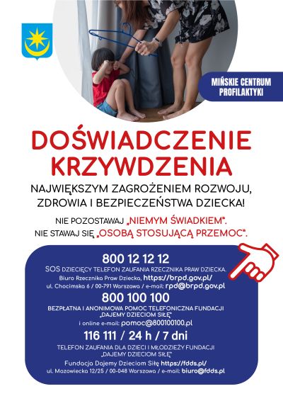 na górze w kole mama trzymając wieszak w ręku krzyczy na siedzące dziecko, informacje zawarte na plakacie znajdują się w...
